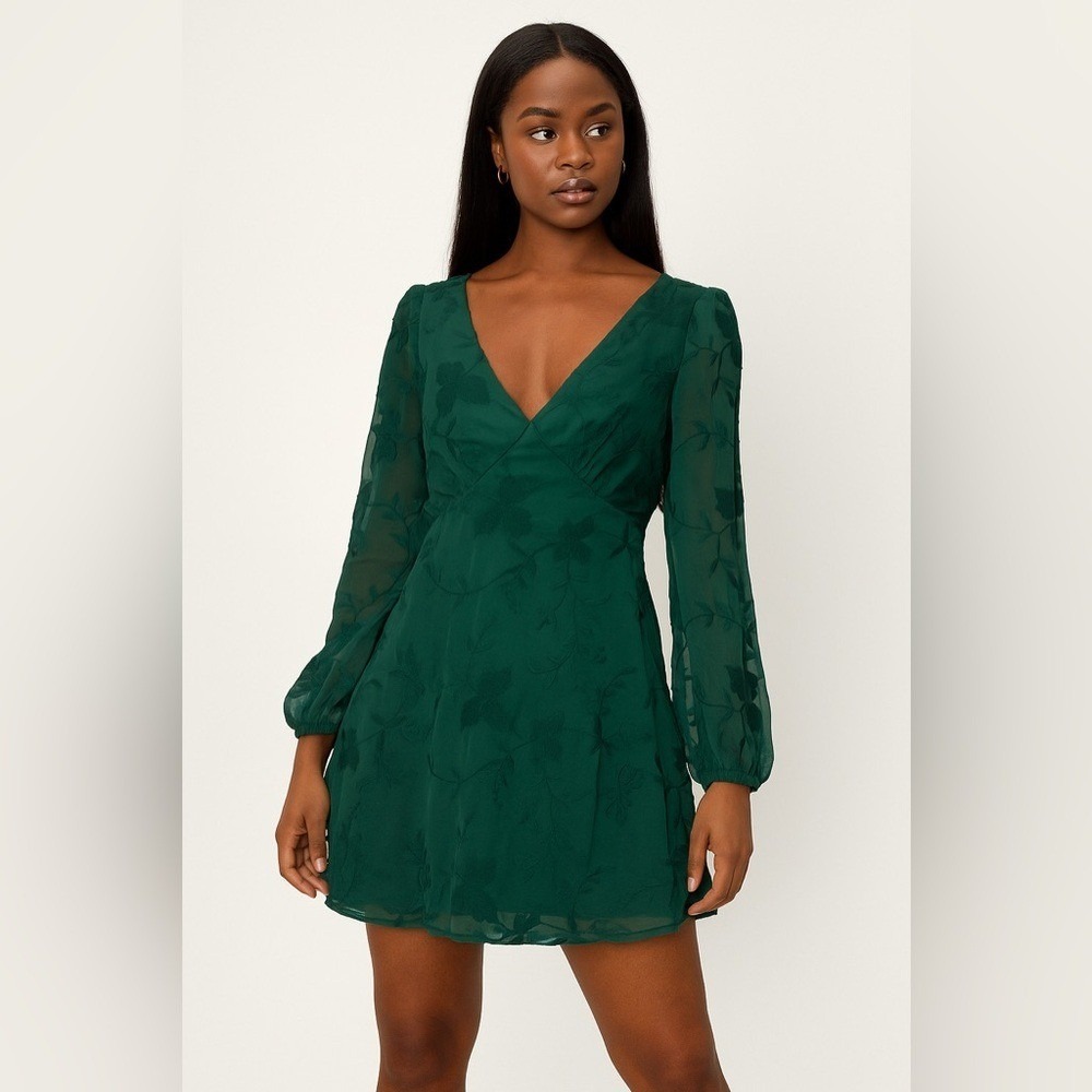 Lulus Emerald Green Embroidered Mini Dress Puff Sleeve‎ Cottagecore L